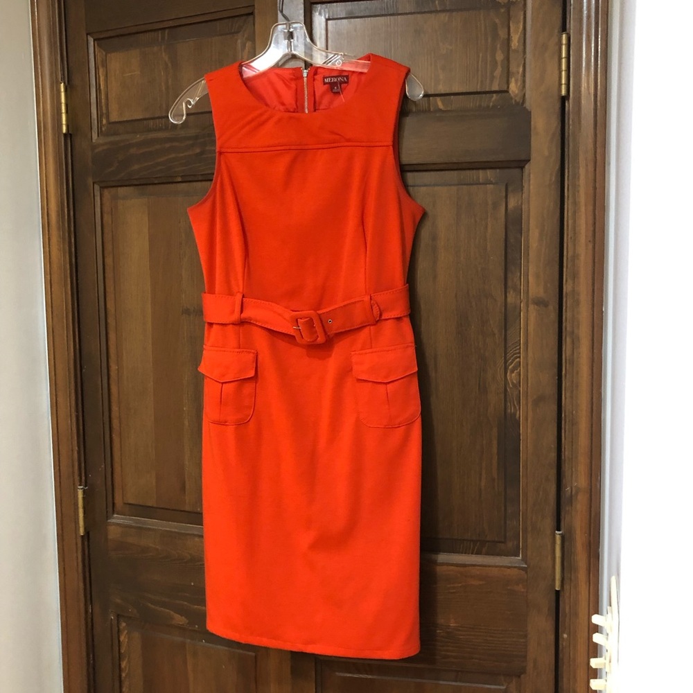 Orange belted structured knit dress interview mod